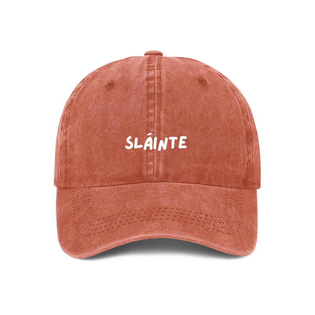 Orange baseball cap with the word 'Sláinte' embroidered on the front.