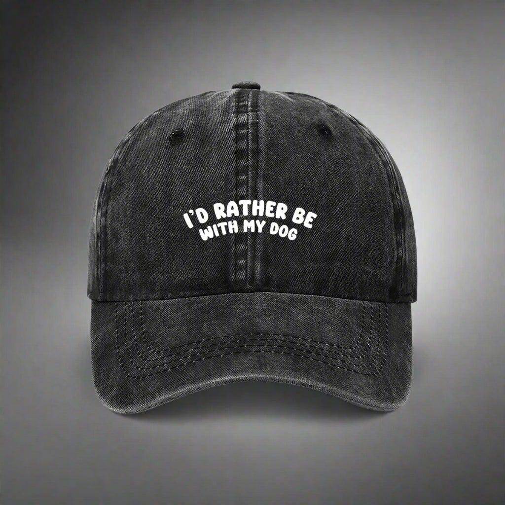 Black cap with 'I'd Rather Be With My Dog' text on a white background