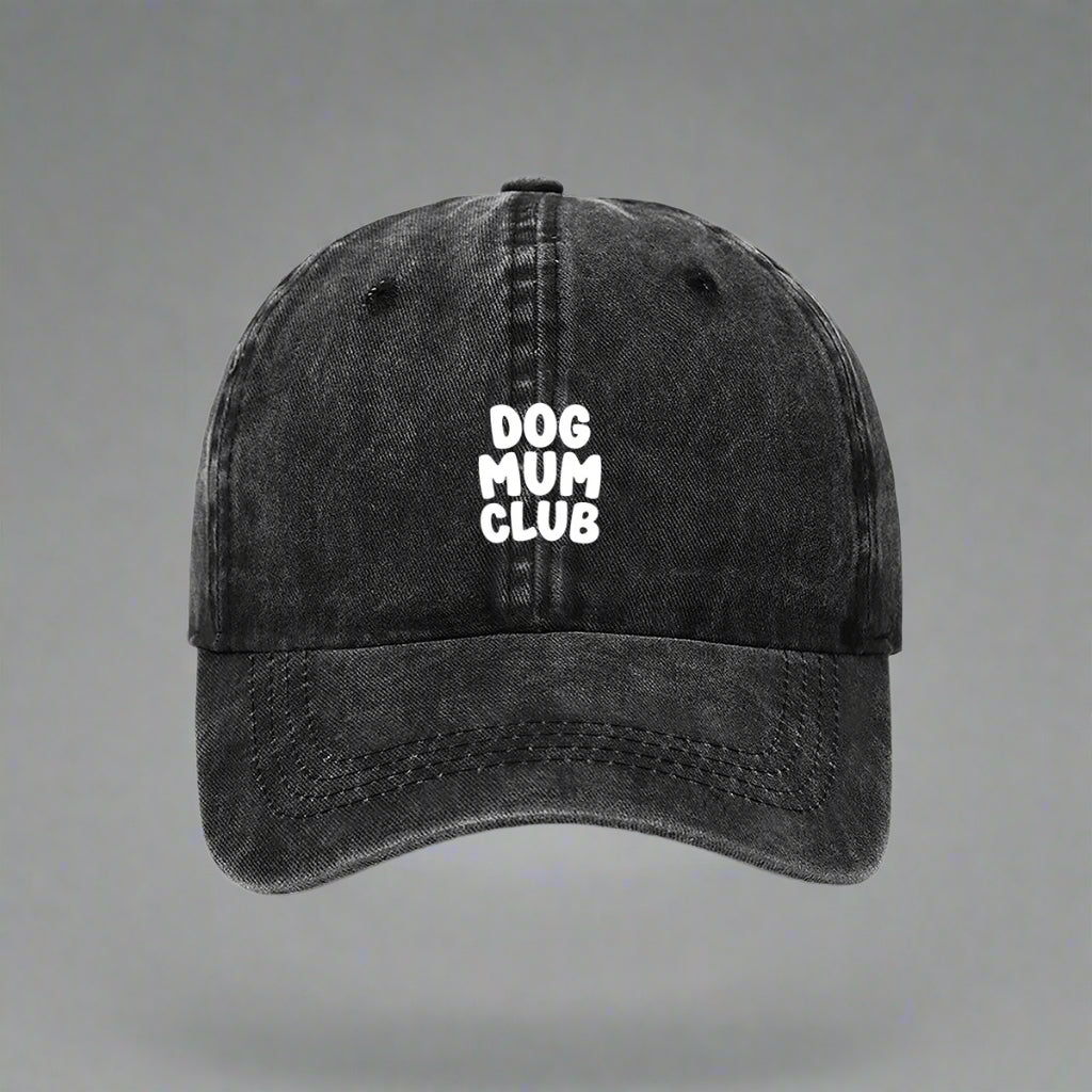 Black embroidered Dog Mum Club cap for dog lovers– bold text on a washed cotton dad hat