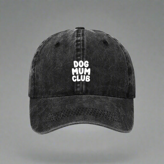 Black embroidered Dog Mum Club cap for dog lovers– bold text on a washed cotton dad hat