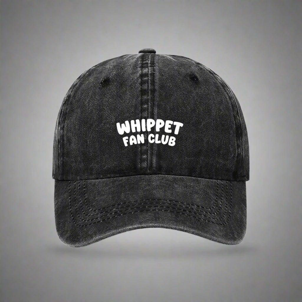 Black embroidered 'Whippet Fan Club' cap for dog lovers– bold text on a washed cotton dad hat