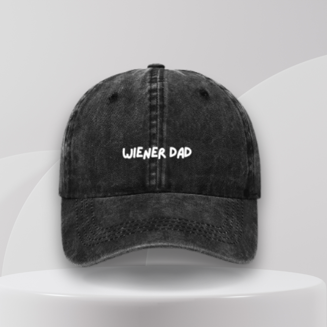 black cap embroidered wiener dad in white text. great gift idea for sausage dog owners in Australia