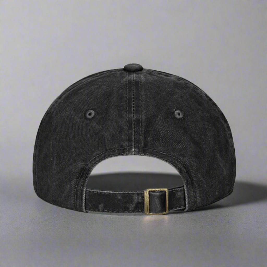 back of a lightweight black denim cap with a metal clasp