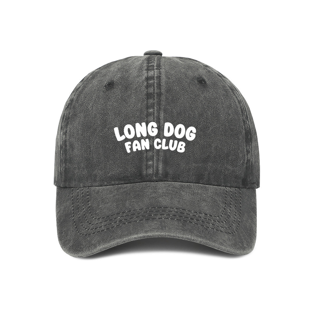 Grey embroidered "Long Dog Fan Club" cap for Greyhound and Deerhound lovers – bold text on a washed cotton dad hat