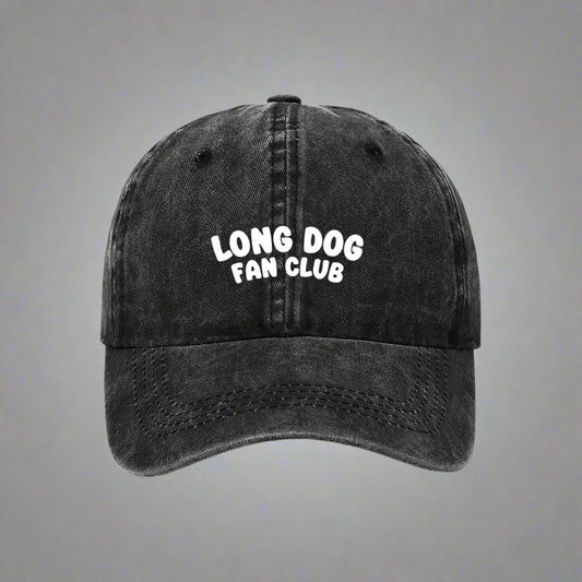 Black embroidered "Long Dog Fan Club" cap for Greyhound and Deerhound lovers – bold text on a washed cotton dad hat