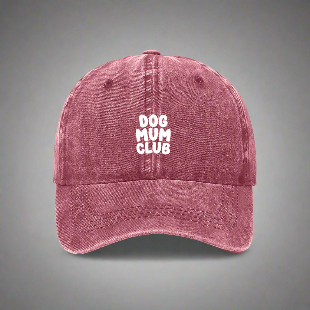 Maroon embroidered Dog Mum Club cap for dog lovers– bold text on a washed cotton dad hat