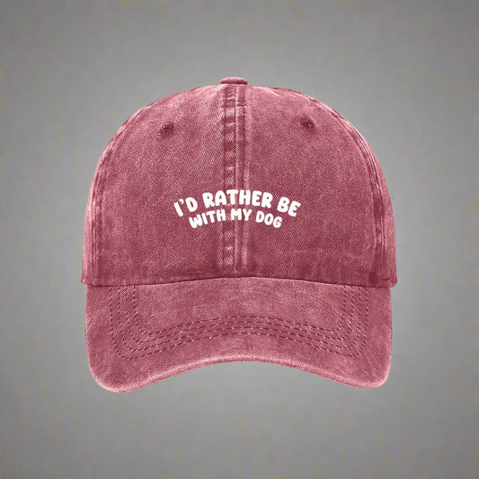Maroon embroidered "I'd rather be with my dog" cap for dog lovers– bold text on a washed cotton dad hat
