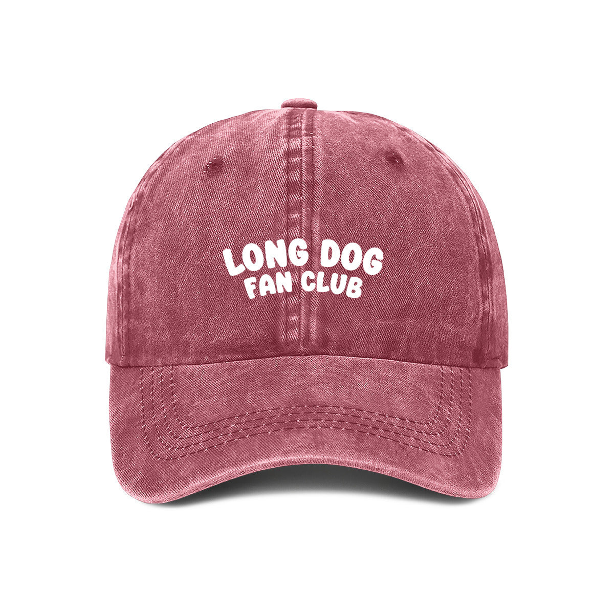 Maroon embroidered "Long Dog Fan Club" cap for Greyhound and Deerhound lovers – bold text on a washed cotton dad hat