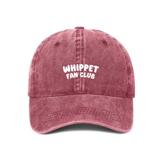 Maroon embroidered 'Whippet Fan Club' cap for dog lovers– bold text on a washed cotton dad hat