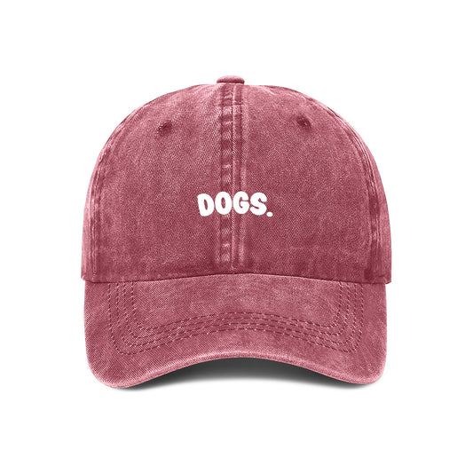 Maroon cap with 'DOGS.' text on a white background