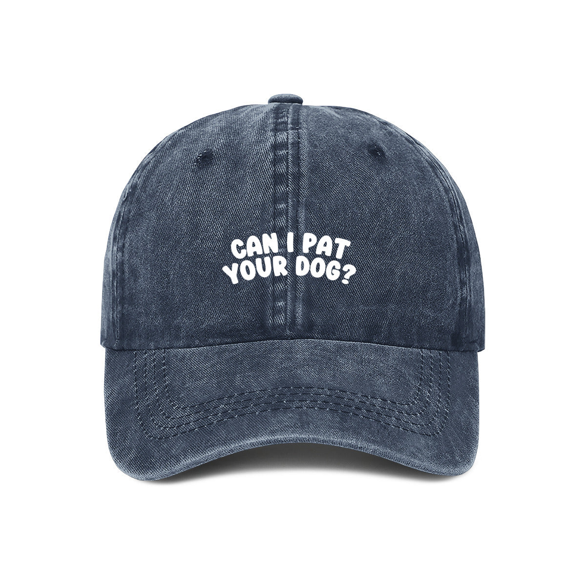 Navy embroidered 'Can I Pat Your Dog' cap for dog lovers– bold text on a washed cotton dad hat