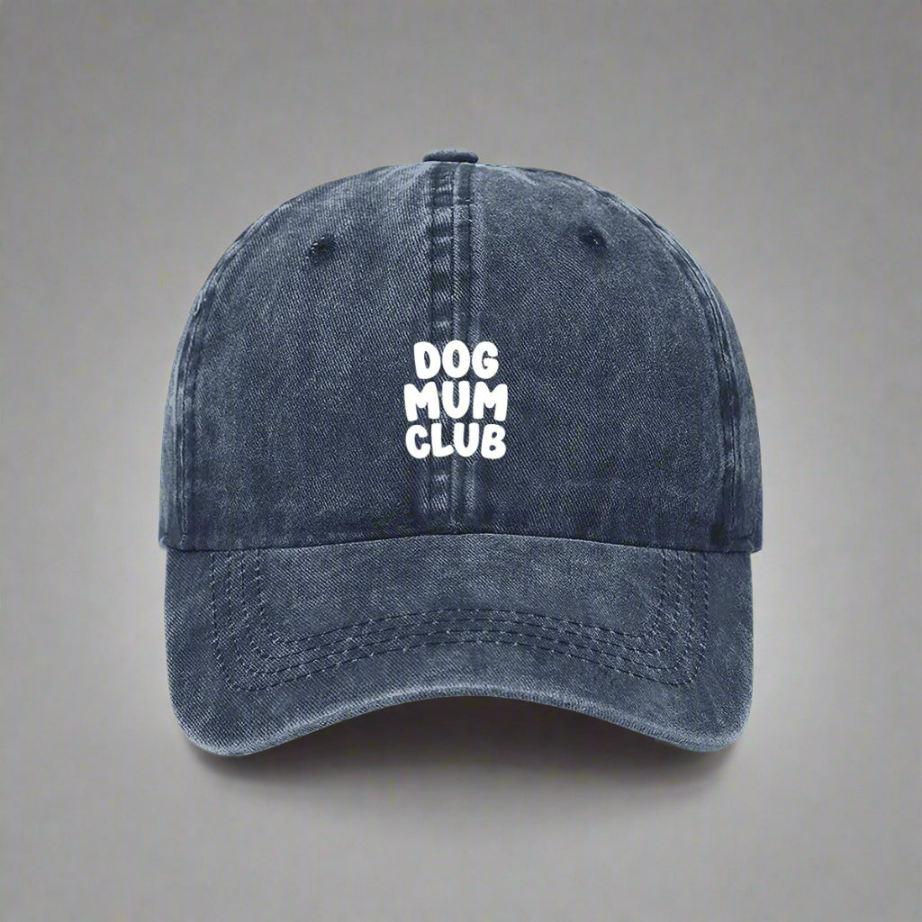 Navy embroidered Dog Mum Club cap for dog lovers– bold text on a washed cotton dad hat