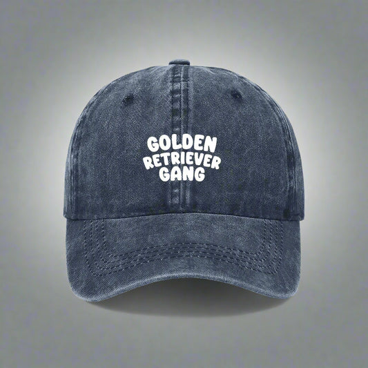 Navy embroidered "Golden Retriever Gang" cap for dog lovers– bold text on a washed cotton dad hat
