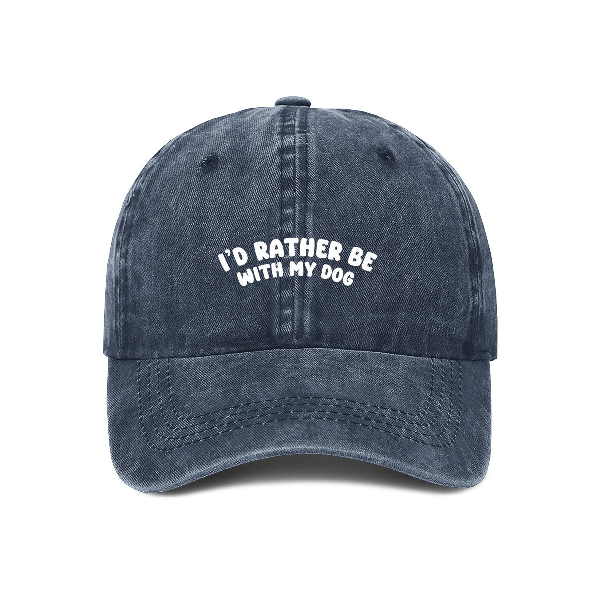 Navy embroidered "I'd rather be with my dog" cap for dog lovers– bold text on a washed cotton dad hat