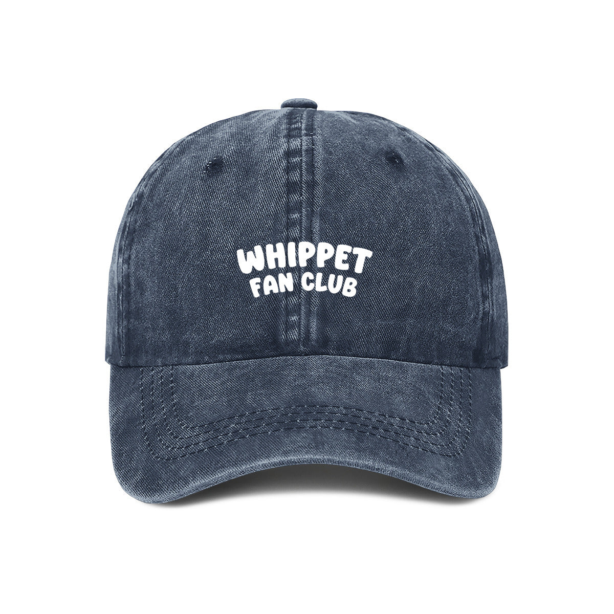 Navy embroidered 'Whippet Fan Club' cap for dog lovers– bold text on a washed cotton dad hat