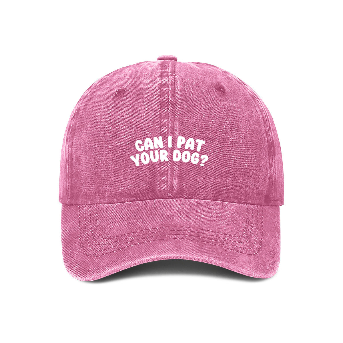 Pink embroidered 'Can I Pat Your Dog' cap for dog lovers– bold text on a washed cotton dad hat