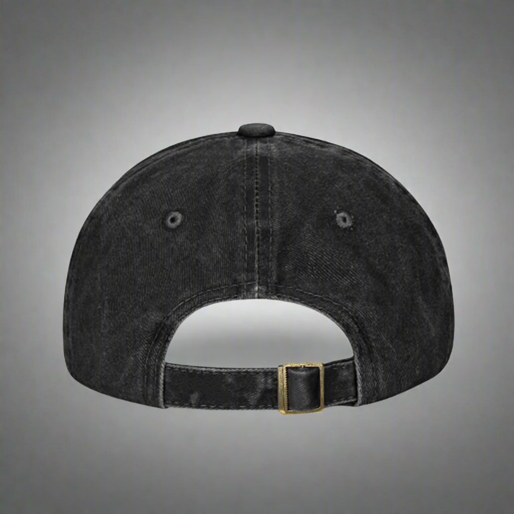 Black cap with a gold buckle on a white background