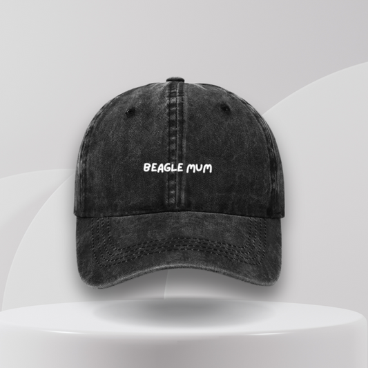 black cap embroidered beagle mum on the front in white text. A great customised gift for beagle dog owners in australia