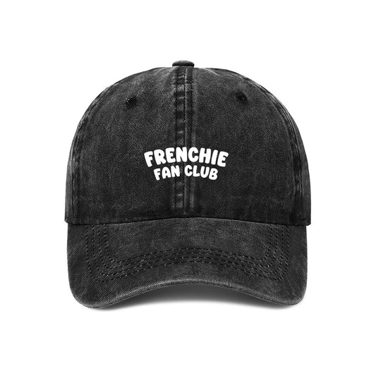 Black cap with 'FRENCHIE FAN CLUB' embroidered text on a white background
