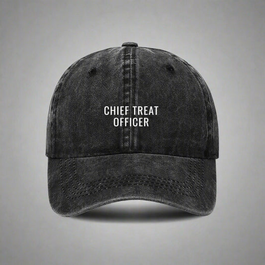 Black cap with 'Chief Treat Officer' text on a gray background