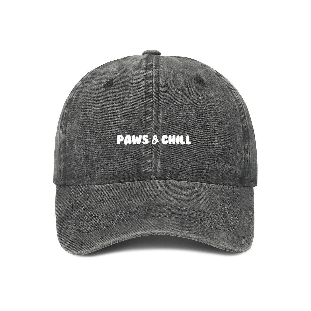 grey embroidered cap that says paws and chill. great gift idea for any dog owner
