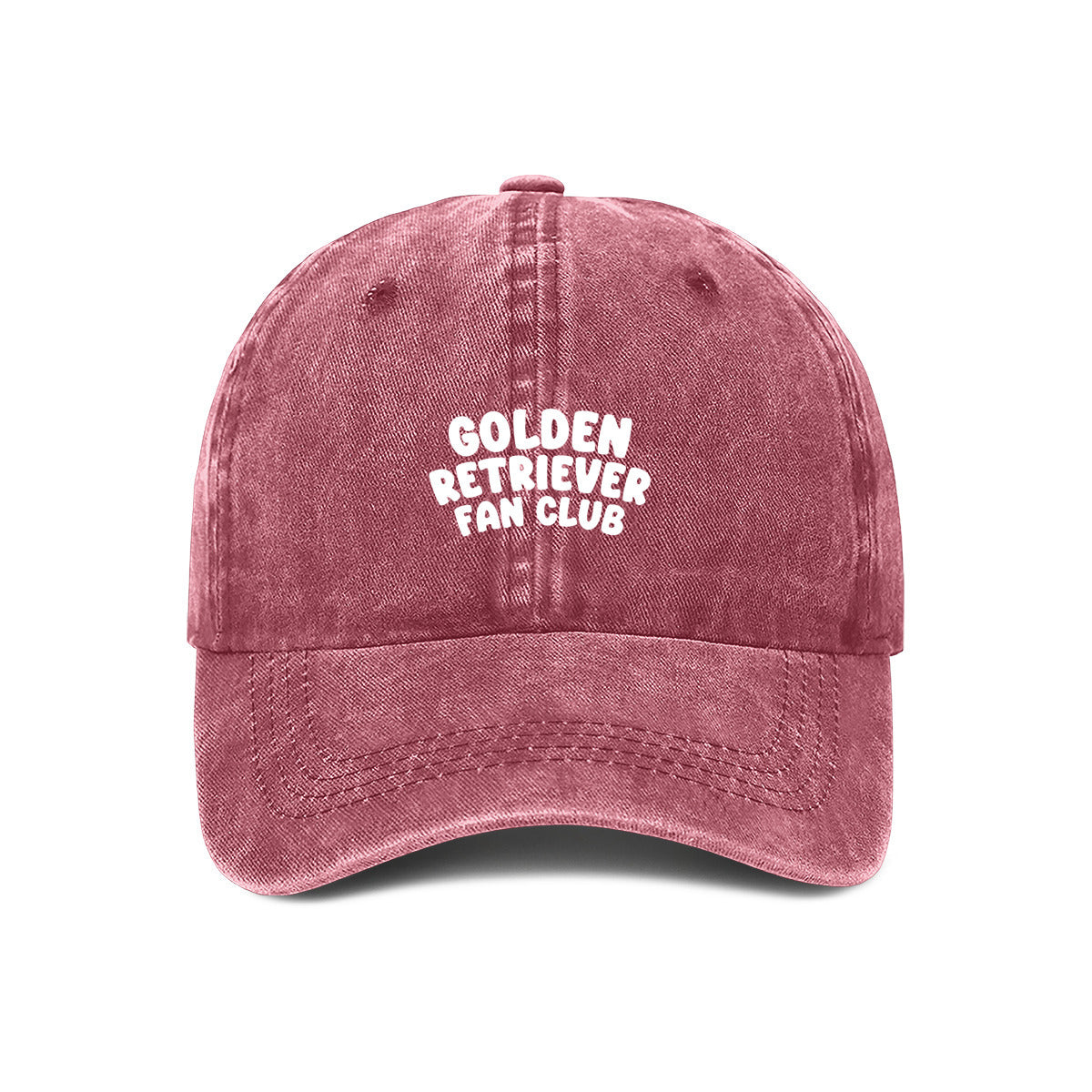 Red cap with 'Golden Retriever Fan Club' embroidered text on a white background