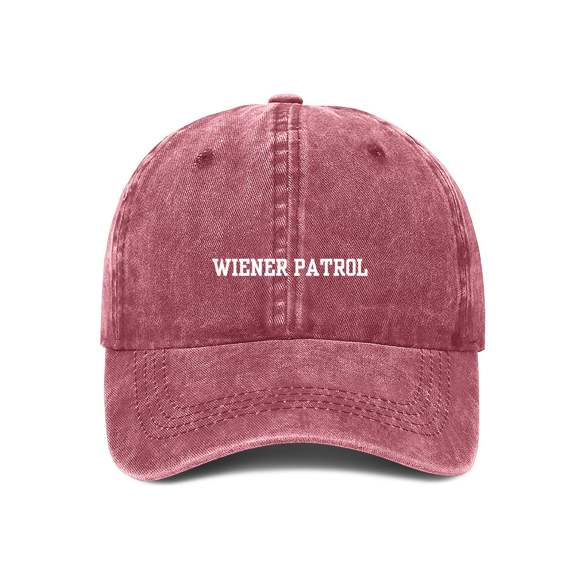 maroon embroidered baseball cap with 'WIENER PATROL' text in white on the front.