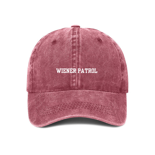 maroon embroidered baseball cap with 'WIENER PATROL' text in white on the front.