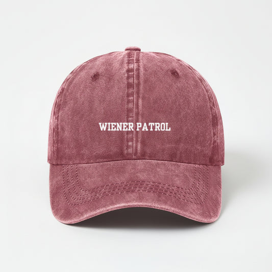 maroon embroidered baseball cap with 'WIENER PATROL' text in white on the front.