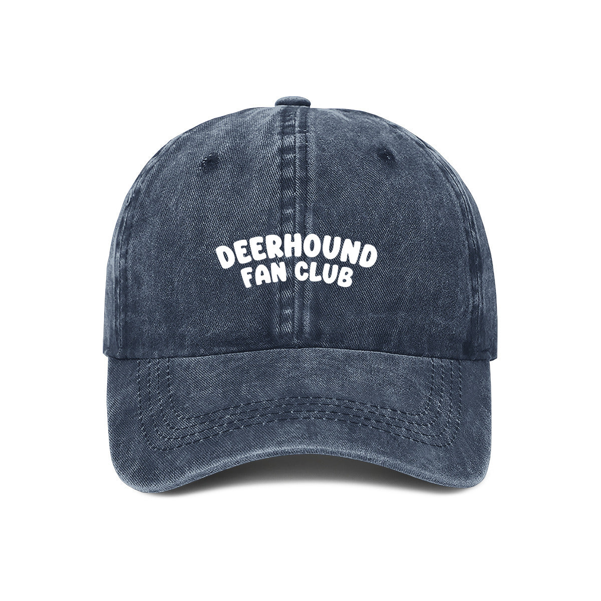 Navy blue cap with 'Deerhound Fan Club' text on a white background