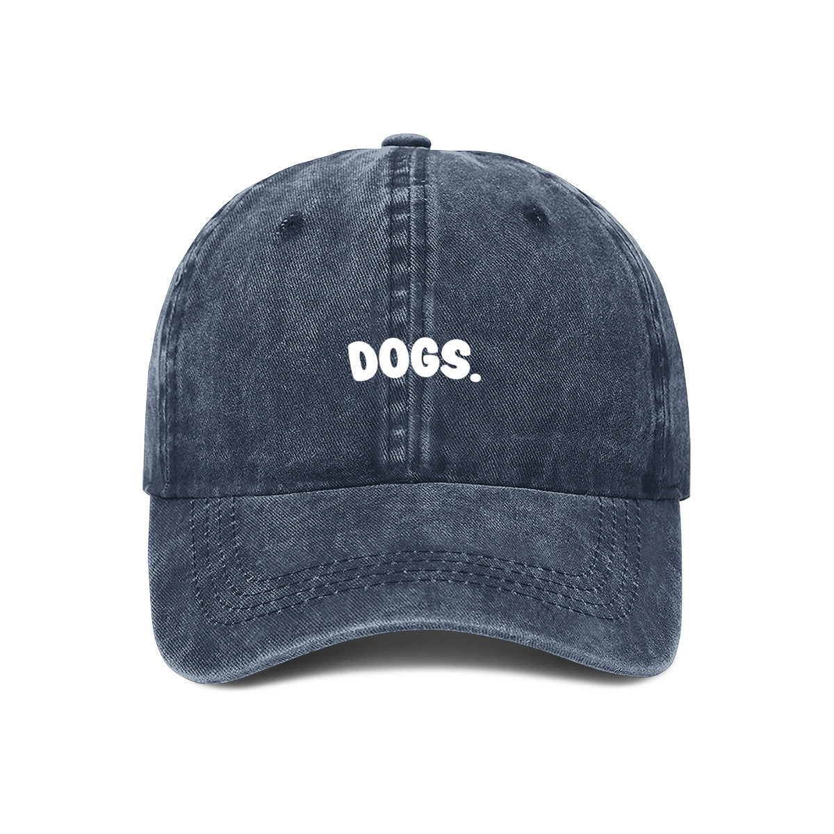 Navy blue cap with 'DOGS.' text on a white background