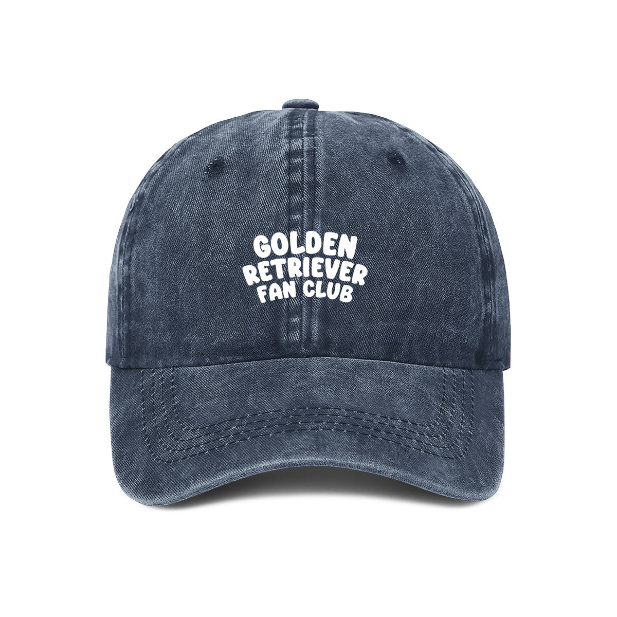 Navy blue cap with 'Golden Retriever Fan Club' embroidered text on a white background