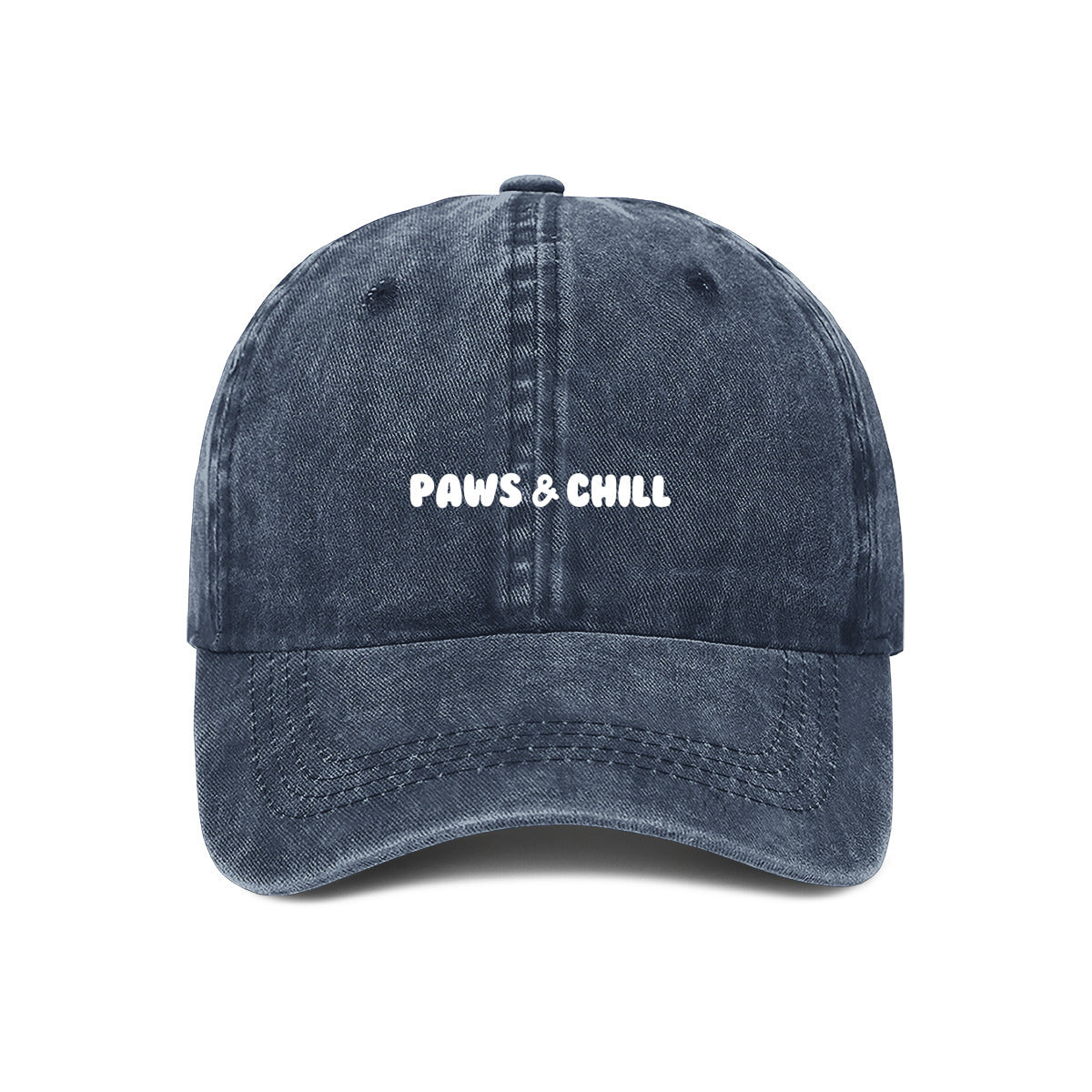 navy cap with paws and chill embroidered on the front