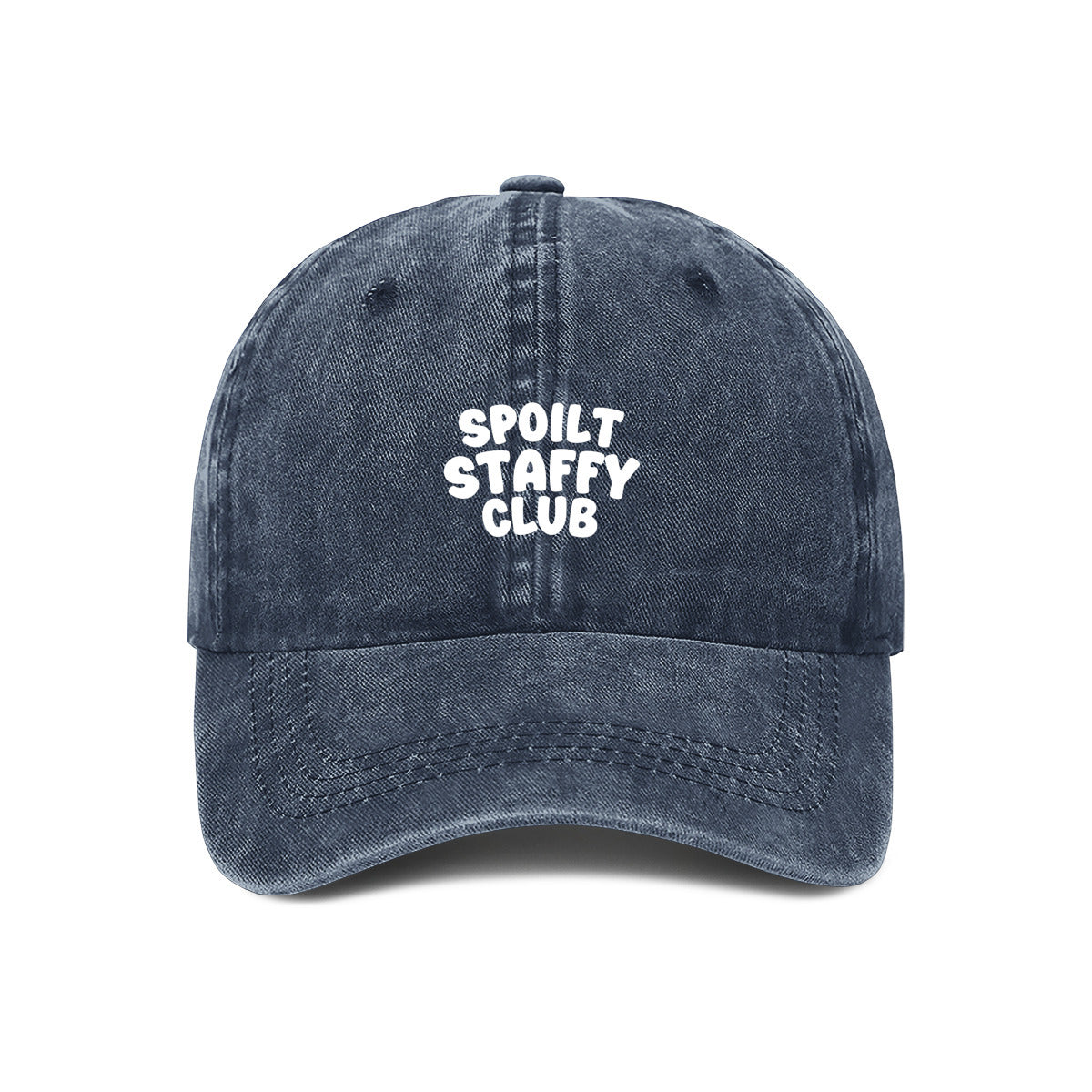 Navy blue cap with 'Spoilt Staffy Club' text on a white background