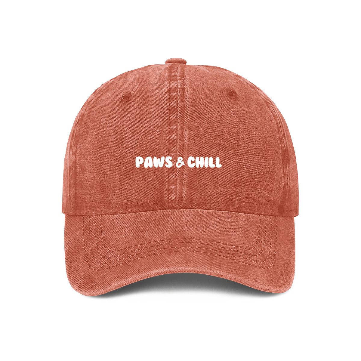 orange cap with embroidered words 'paws and chill' a great gift idea for pet owners