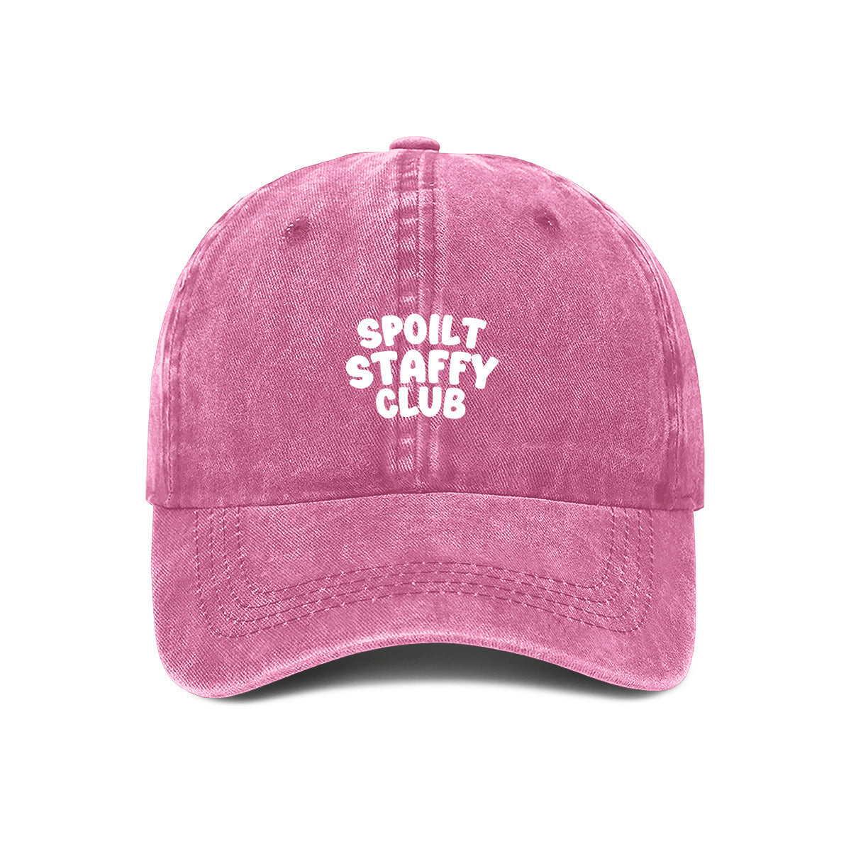 Pink cap with 'Spoilt Staffy Club' text on a white background
