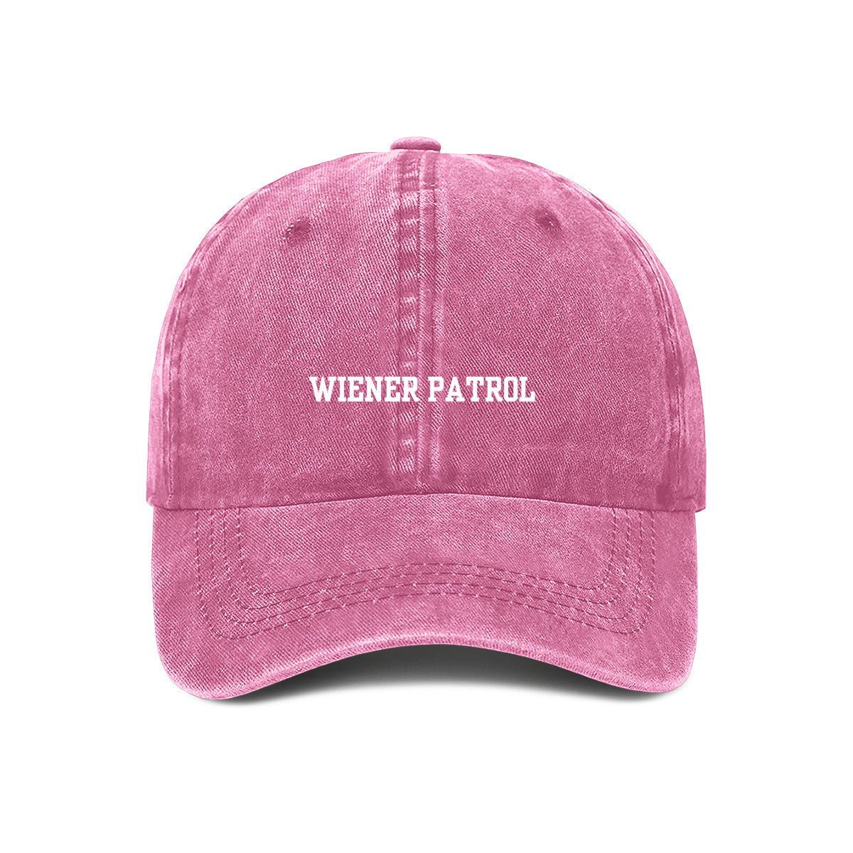 A pink embroidered baseball cap with 'WIENER PATROL' text in white on the front.