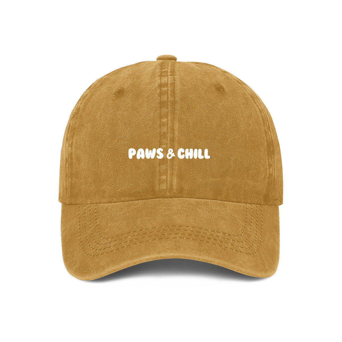 yellow cap with paws and chill embroidered on the front. Perfect gift idea for pet owners
