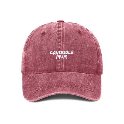Maroon baseball cap with CAVOODLE  MUM embroidered in white on the front