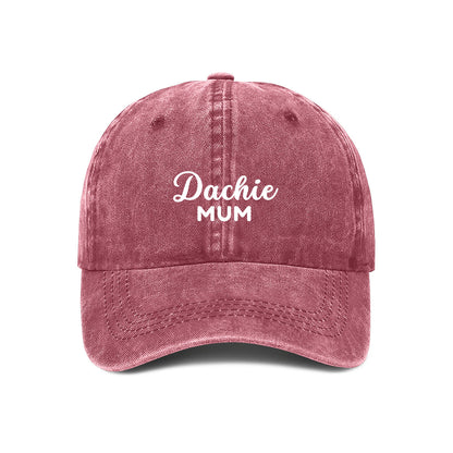 Maroon baseball cap with DACHIE MUM embroidered on the front
