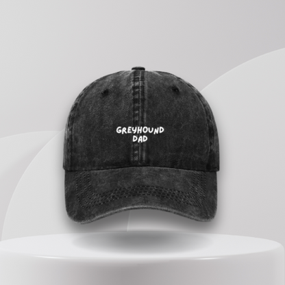 Grey cap with GREYHOUND DAD embroidered in white on front
