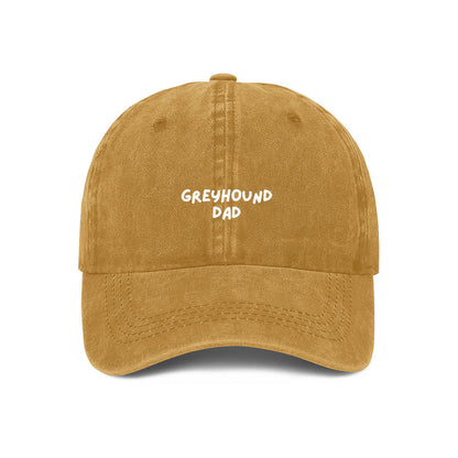Yellow cap with GREYHOUND DAD embroidered in white on front