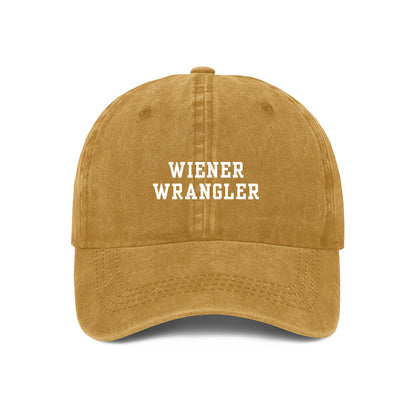 yellow  denim baseball cap with 'WIENER WRANGLER' text embroidered on the front.