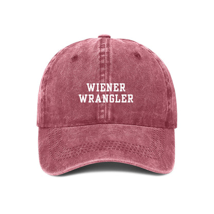 Maroon denim baseball cap with 'WIENER WRANGLER' text embroidered on the front.