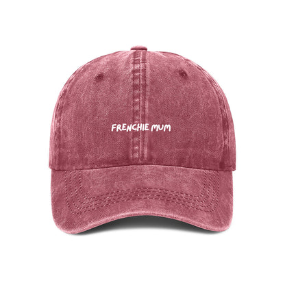 Maroon denim baseball cap with 'FRENCHIE MUM' text embroidered on the front.