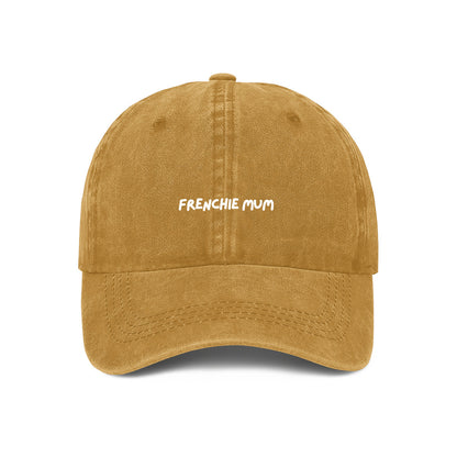 Yellow denim baseball cap with 'FRENCHIE MUM' text embroidered on the front.