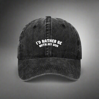 Black cap with 'I'd Rather Be With My Dog' text on a white background