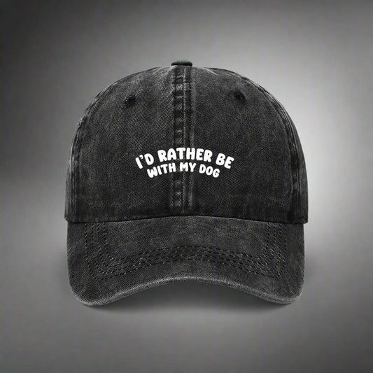 Black cap with 'I'd Rather Be With My Dog' text on a white background