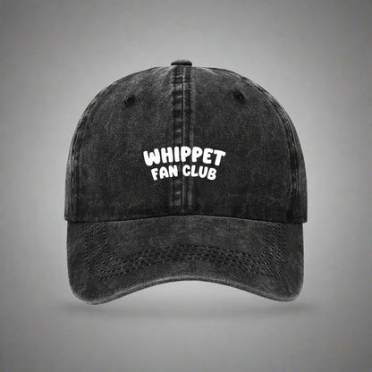 Black embroidered 'Whippet Fan Club' cap for dog lovers– bold text on a washed cotton dad hat