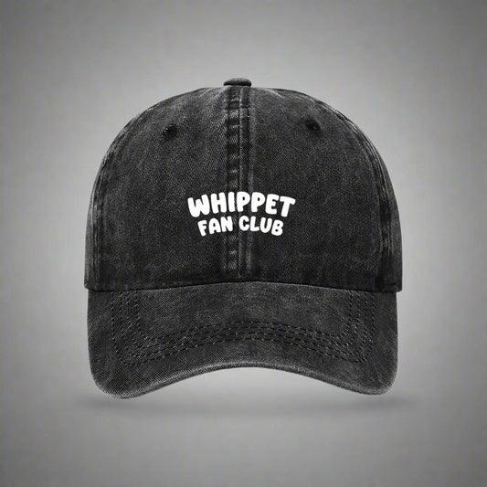 Black embroidered 'Whippet Fan Club' cap for dog lovers– bold text on a washed cotton dad hat